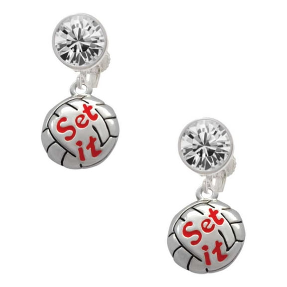 Silvertone Volleyball - ''Set It'' Clear Crystal Clip On Earrings