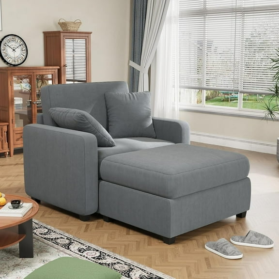 Techmilly 42" Oversized Chaise Lounge Chair Indoor, Corduroy Upholstered Cloud Sofa Bed with Throw Pillows and Armrests, Comfy Leisure Plush Chair Bed, Sleeper Sofa Couch Bed for Living Room, Grey