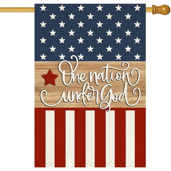 Patriotic Outdoor Garden Flag with Script Print One Nation Under God Rustic Wood and Star Stripe Design for Home Decor