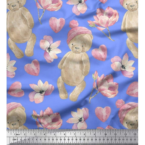 Soimoi Blue Silk Fabric Bear & Pink Flower Floral Fabric Prints By Yard 42 Inch Wide
