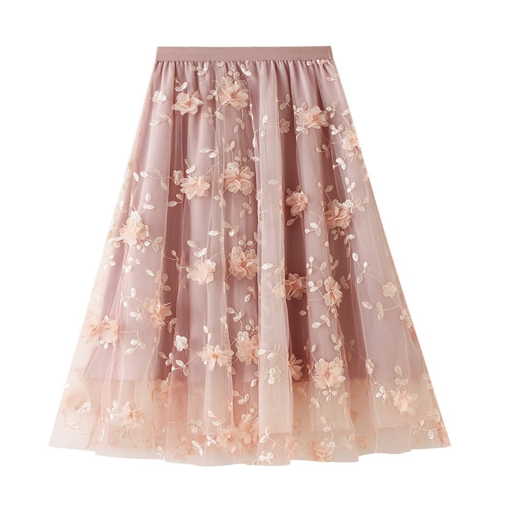 Jupe Midi En Tulle Brodée Fleurs 3D - Style élégant Et Romantique - Taille Unique Noir
