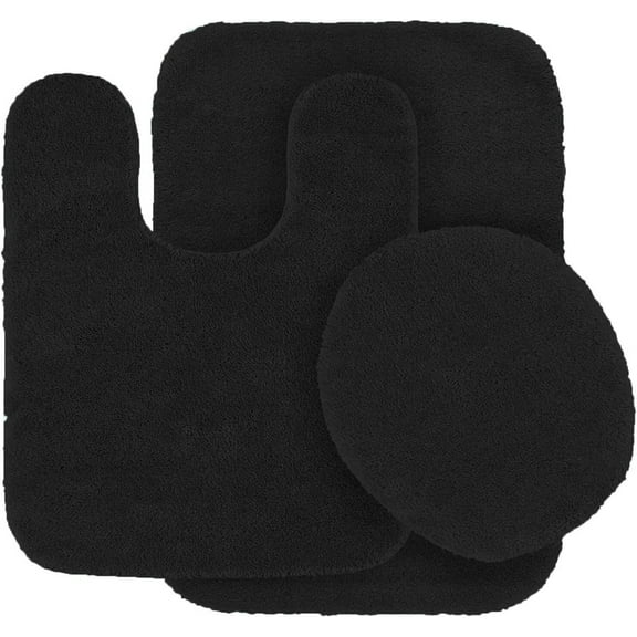 Bathroom Collection 3 Pieces Includes, 1 Contour Mat, 1 Lid Toilet Cover, 1 Bath Mat Anti-Slip With Rubber Backing #6 Black Solid Color