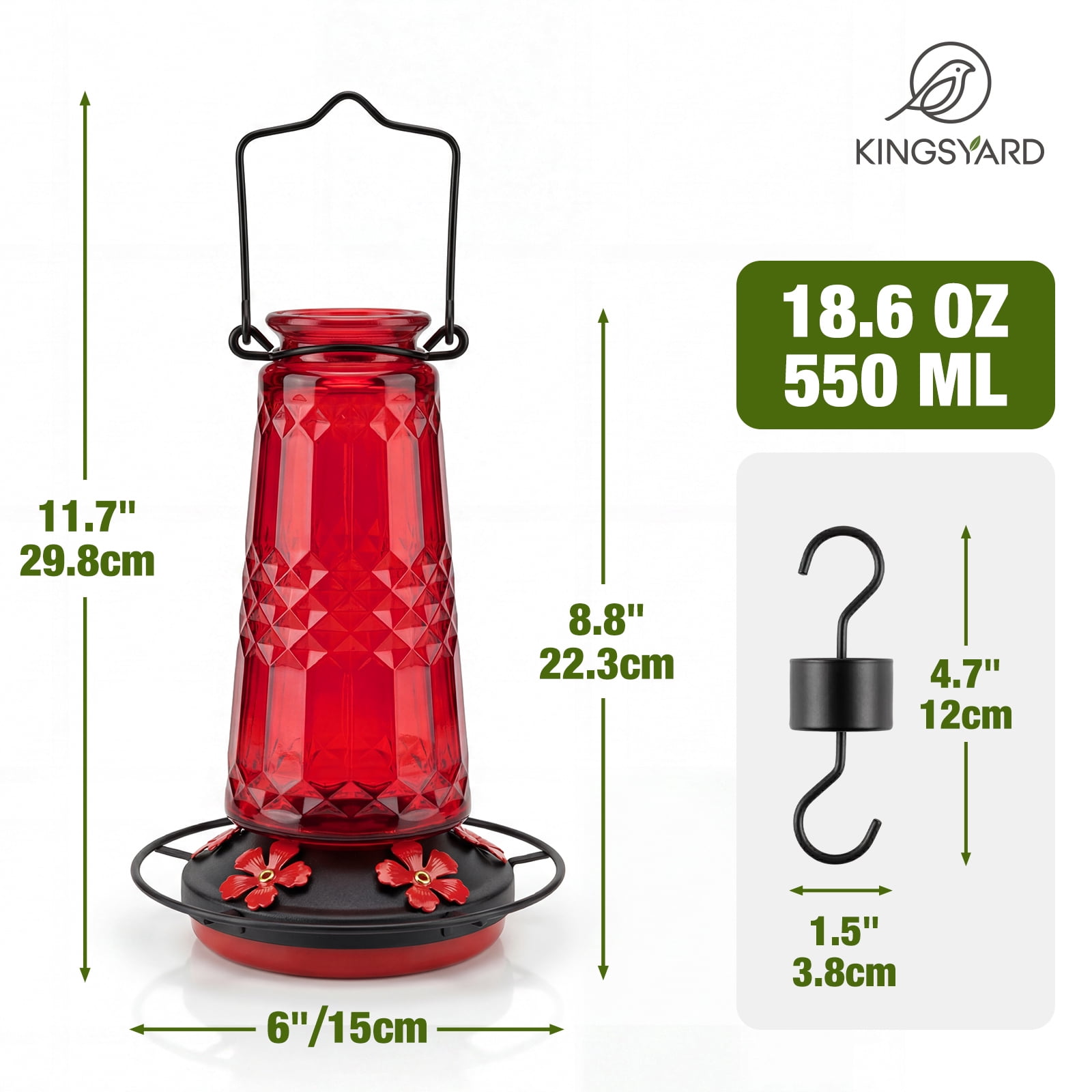 (2 pack) Kingsyard 18.6 oz Red Glass Hummingbird Feeder, 5 Red Ports, Ant Moat Included