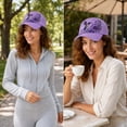 thumbnail image 5 of Purple Floral Hummingbird Alzheimer's Awareness Support Hat | Pansy Print, Purple Ribbon, Unisex, Purple Floral Hummingbird Print Cap, 5 of 6