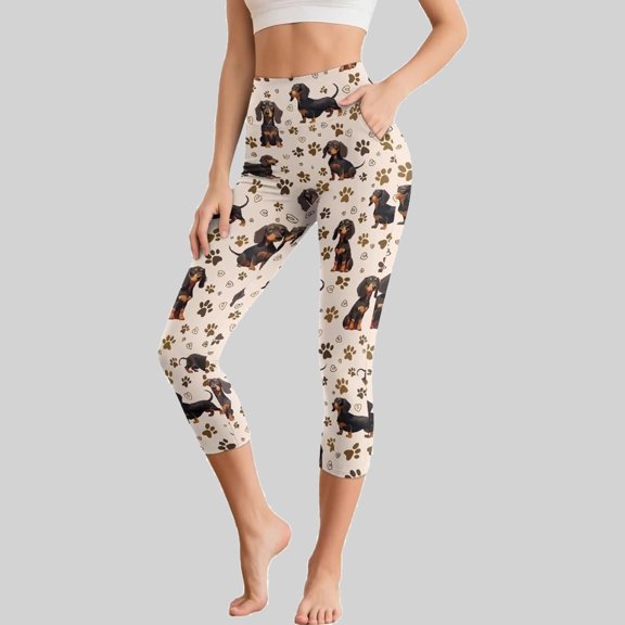 Capri Leggings for Women with Pockets-High Waisted Tummy Control Workout Gym Yoga Pants Fun Lightweight Printed Yoga Leggings(Khaki,XL)