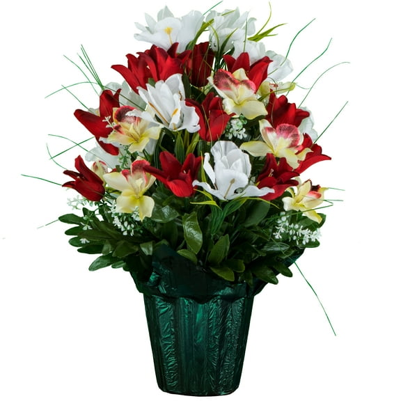 Sympathy Silks Artificial Flowers Outside Weighted Pot Silk Bouquet- Red Tulips and White Iris In Pot
