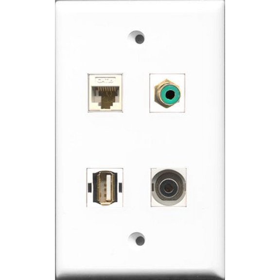RiteAV 1 Port RCA Green and 1 Port USB A-A and 1 Port 3.5mm and 1 Port Cat6 Ethernet White Wall Plate
