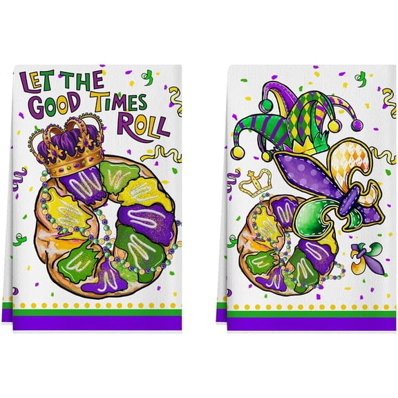 Doughnut Hat Iris Fleur De Lis Beads Mardi Gras Kitchen Towels Carnival Dish Towels 18x26 Inch Home Kitchen Decorations Hand Towels Set of 2 Drying Dishcloth