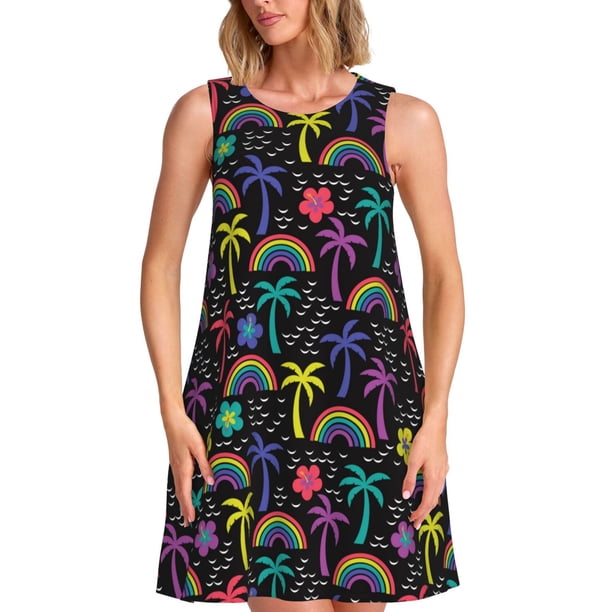 Fotbe Colorful Palms Vestido de Verano sin Mangas para Mujer – Vestido Midi Línea A, Estilo Camiseta Floral, Vestido Playero Casual y Fluido