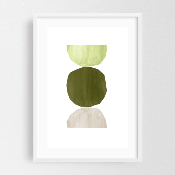 Green tone balancing shapes - Mixed Media Minimalist Abstract Geometric Watercolor Modern Art Pastel Calm White Framed Wall Art Print 20 x 30 inches