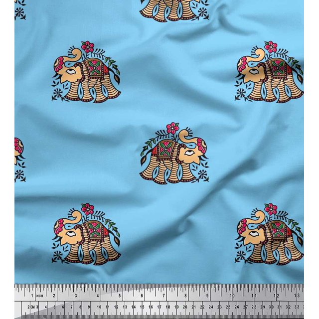 Soimoi Modal Satin Fabric Leaves,Floral & Elephant Block Printed Craft Fabric by The Yard 42 Inch Wide