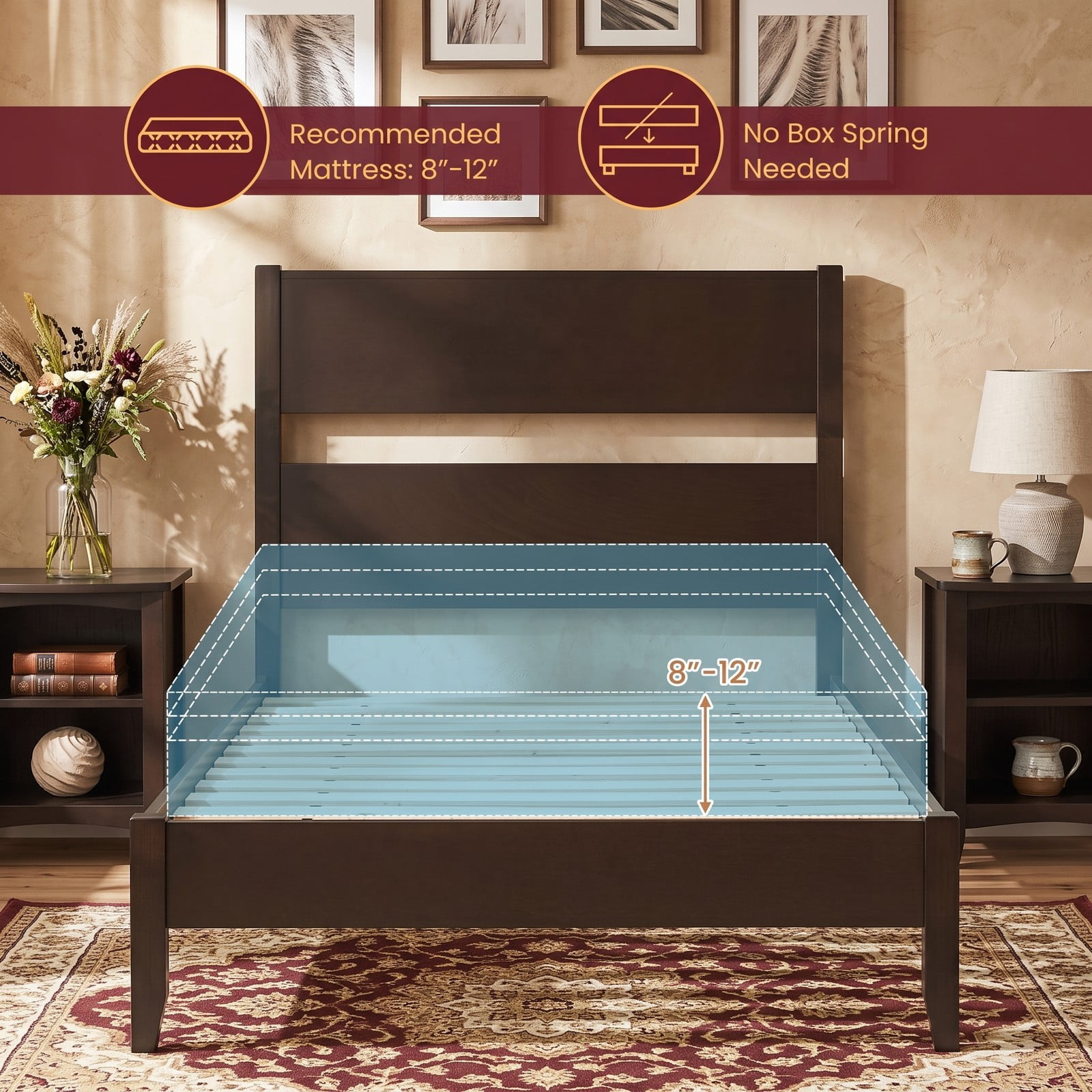Furnibear Twin Bed Frame Wood Platform Bed with Plank Headboard Solid Wood Legs and 12 Slats for Bedroom and Guest Room, Warm Brown