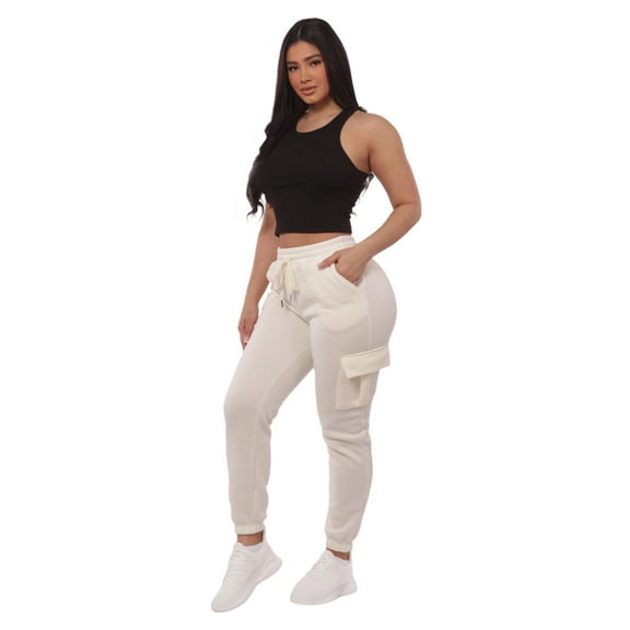 Soft Fleece Lined Cargo Sweatpants - Cream