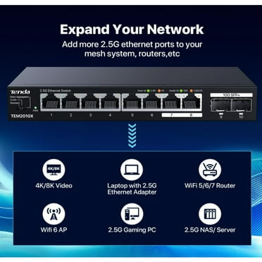 Tenda 8-Port 2.5G Ethernet Switch With 2*10G SFP   Slots - 8 Ports - 2.5 Gigabit Ethernet, 10 Gigabit Ethernet - 2.5GBase-T, 10GBase-X - 2 Layer Supported - Modular - Twisted Pair, Optical Fiber - ...