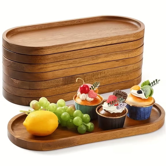 8 Pcs Acacia Wood Trays, 11.4 x 4.1 inch Oval Serving Platters for Dessert Fruit Bread BBQ Party Table