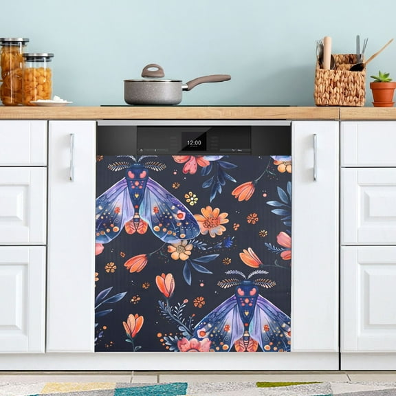 Floral Moths and Flower Dishwasher Magnet Cover Magnetic Fridge Door Cover Home Kitchen Decor 23"x 26"