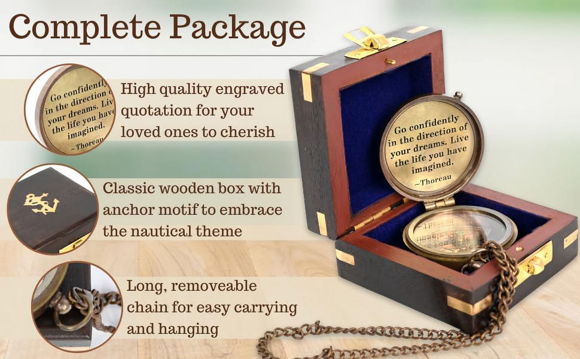WOANIN - Thoreau's Go Confidently Brass Compass, Gift for Graduation, Confirmation Day, Baptism, New Year Gift, Birthday, Anniversary, Communion, Camping Gift