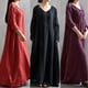 thumbnail image 4 of Vestido suelto ocasional de las mujeres del otoño Sólido cuello en V manga larga de algodón Retro Bo Meterk Negro XXXXL, 4 of 7