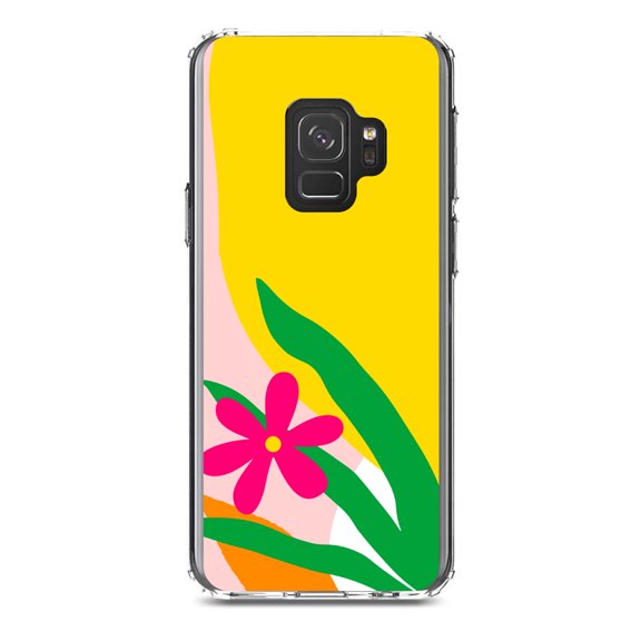 DistinctInk Clear Shockproof Hybrid Case for Samsung Galaxy S9 (5.8" Screen) - TPU Bumper, Acrylic Back, Tempered Glass Screen Protector - Summer Vibes Bold Flower Pink Green Yellow