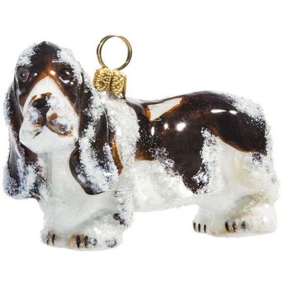 Snowy Snow Covered Basset Hound Dog Polish Glass Christmas Tree Ornament Pet