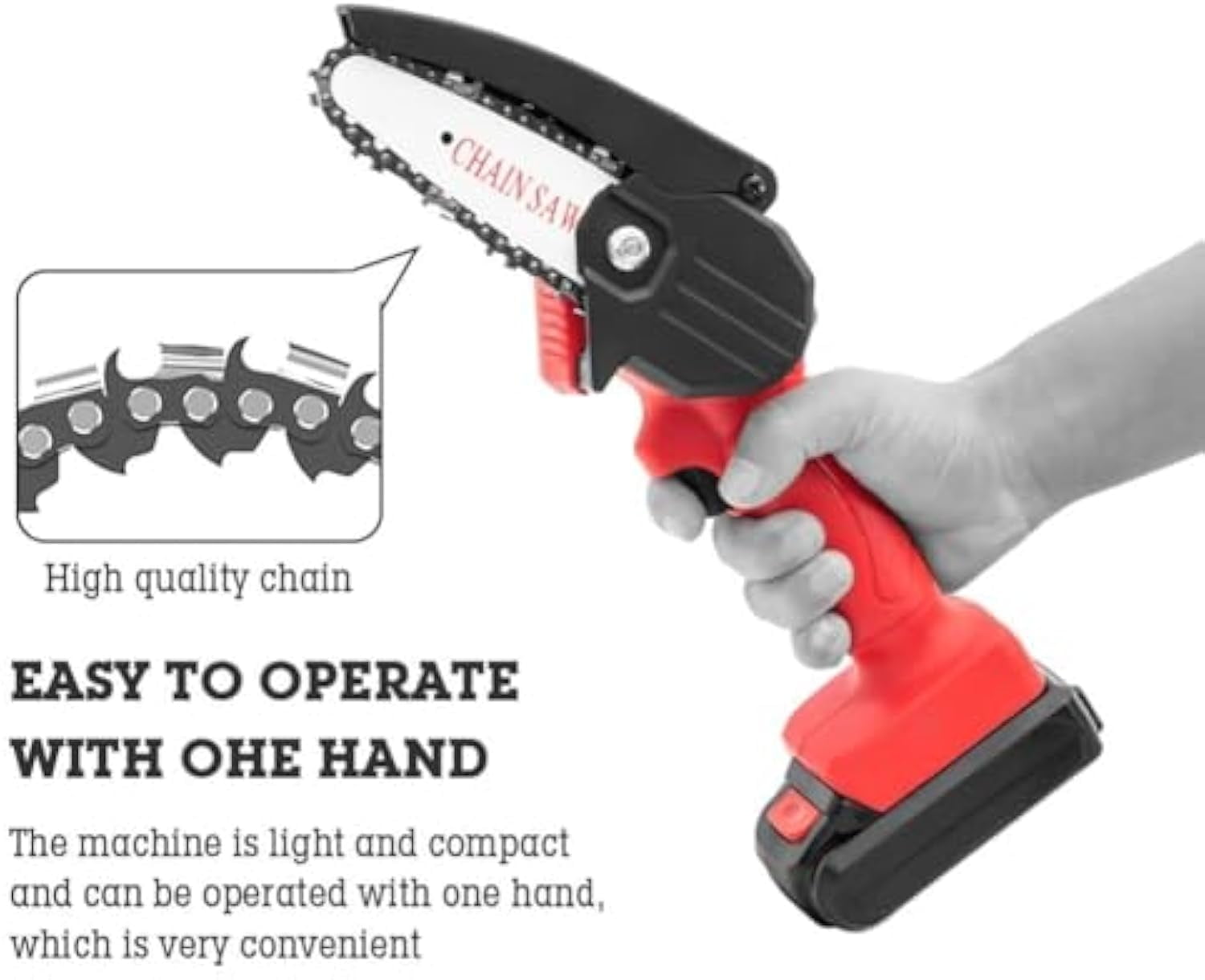Mini Electric Chainsaw Cordless 4-inch, Portable Electric Chainsaw Cordless with Battery, Handheld Mini Chain Saw, for Wood Cutting Tree Trimming DIY Gardening Camping (Red, 2Battery)