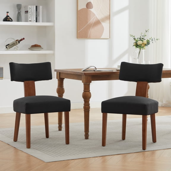 064-Set of 2 Black Linen Armless Dining Chairs Curved Backrest Solid Wood Legs for Dining & Living Room