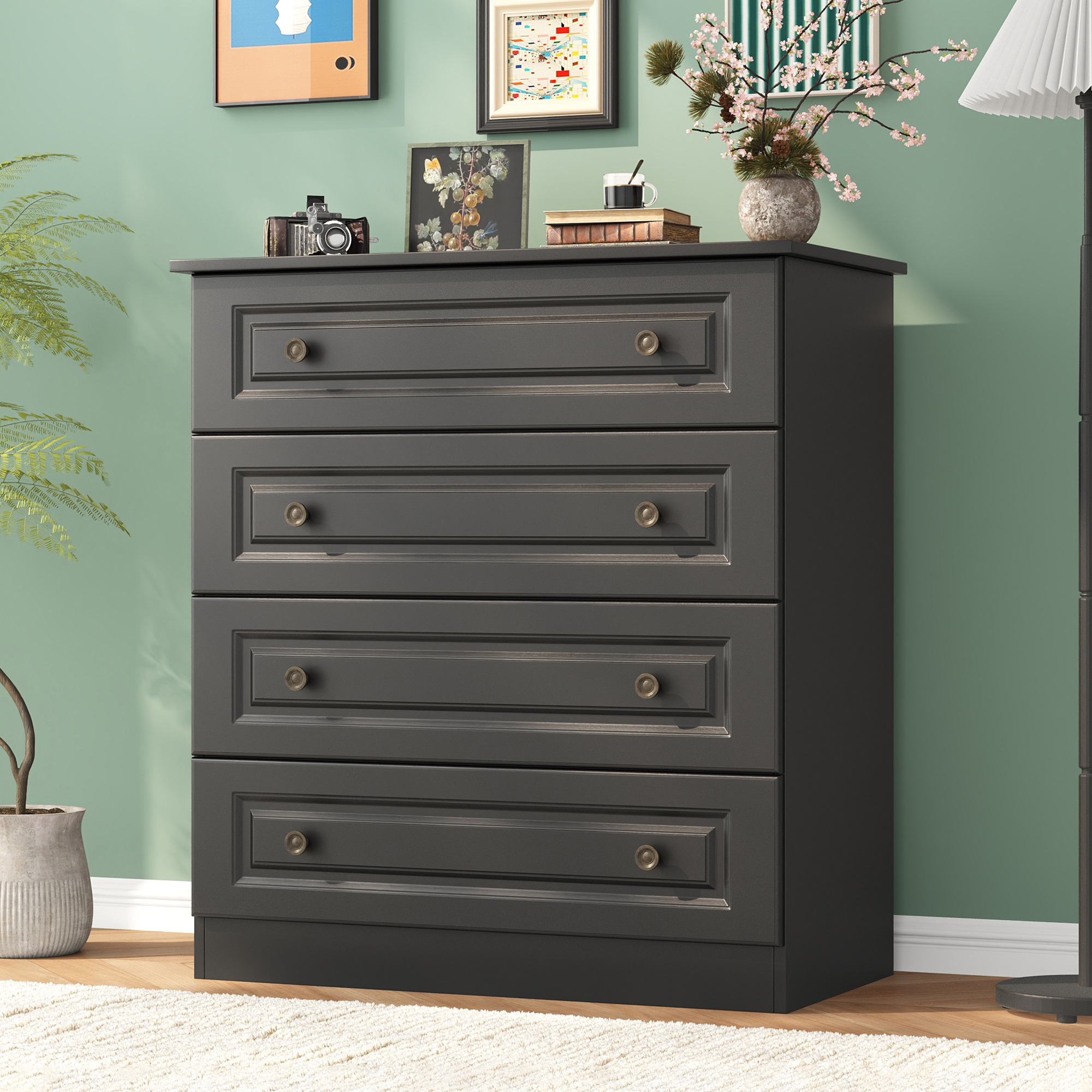 4-Drawer Dresser, 34.6โ Tall Black Dresser for Bedroom Storage, Hallway Chest with Large Drawers, 29.5โ Wide Space Saving Furniture