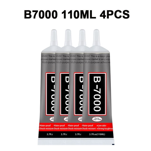 pegamento transparente b7000 para reparación de teléfonos, adhesivo universal de vidrio y plástico con aplicador de precisión; vista frontal de cuatro tubos B-7000 110ML en envases tubulares plateados, boquillas cónicas blancas y etiquetas negras con marco rojo, ideal para bricolaje y manualidades en papelería.