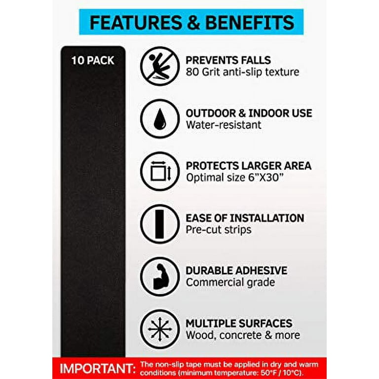 EHS RETAILER 6”x30” Anti Slip Tape Outdoor Stair Treads Non-Slip (10-Packs  Black) Non Slip Tape Grip Strips Three Layer Design