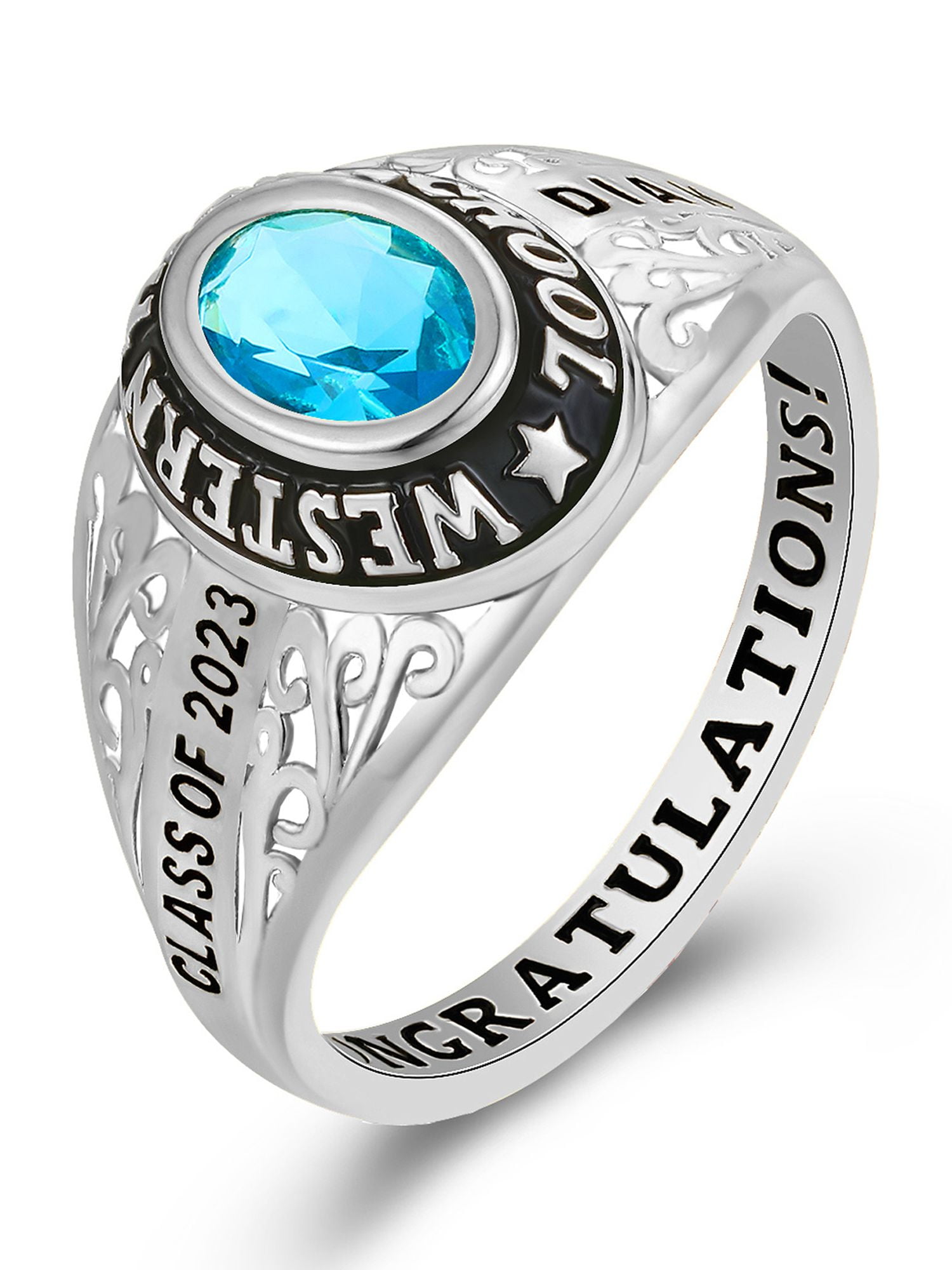 Mementos USA Customized Sterling Silver Class Rings for Women High School College-Platinum-Filigree