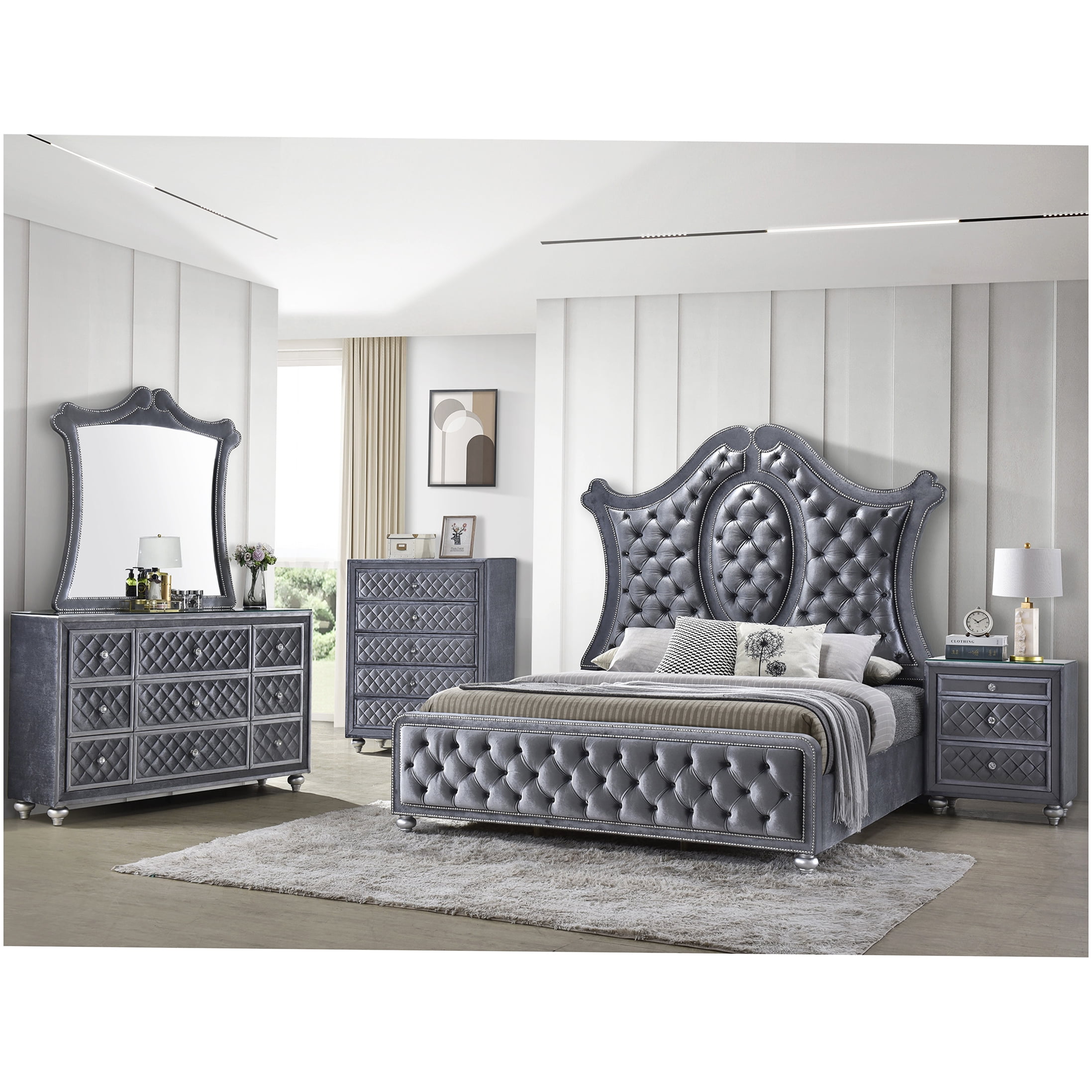 Modern Upholstered Queen Bed Frame, Gray Fabric Platform Bed with Diamond Tufted Headboard and Nailhead Accents