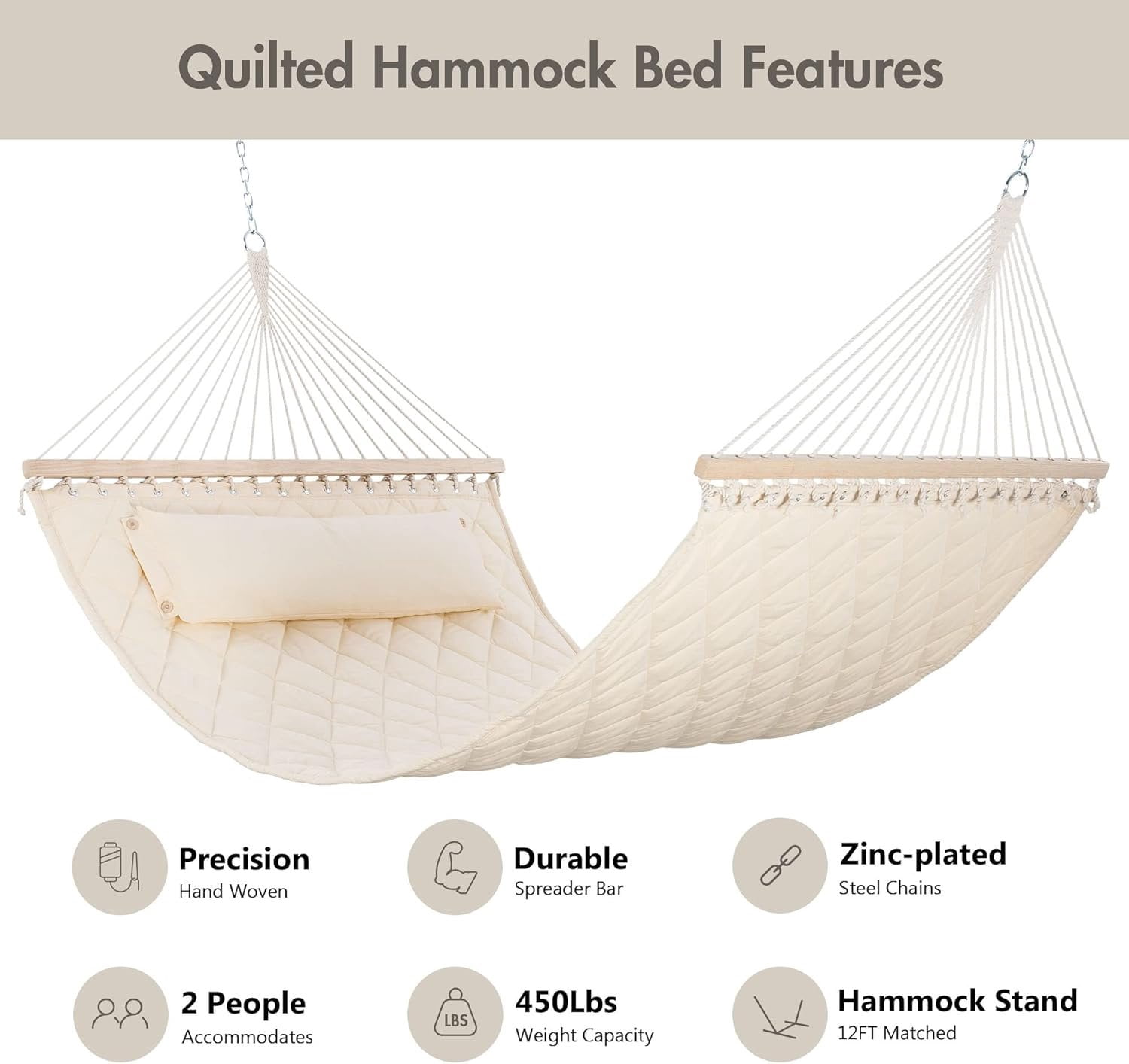 Two Person Hammock with Spreader Bars and Detachable Pillow, Heavy Duty Hammock for Outdoors Indoors, 450 LBS Weight Capacity, Cream