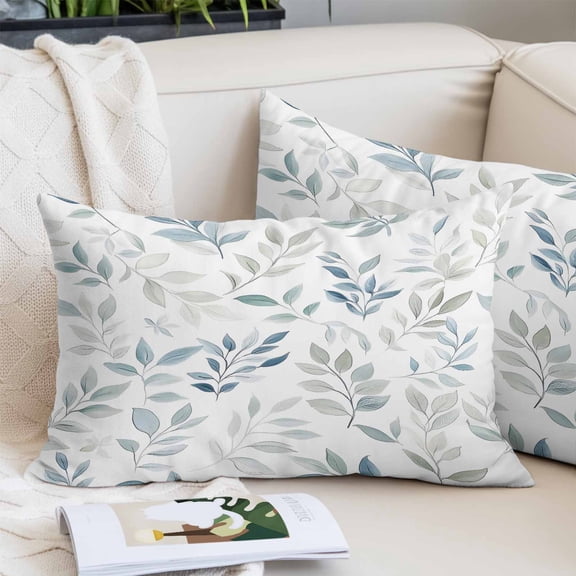 Blue Teal Botanical Pillow Covers 12"x20", Watercolor Spring Summer Leaves Soft Brushed Microfiber Breathable Throw Pillow Covers, Decorative Pillowcase with Zipper for Couch Sofa Bedroom Living Room