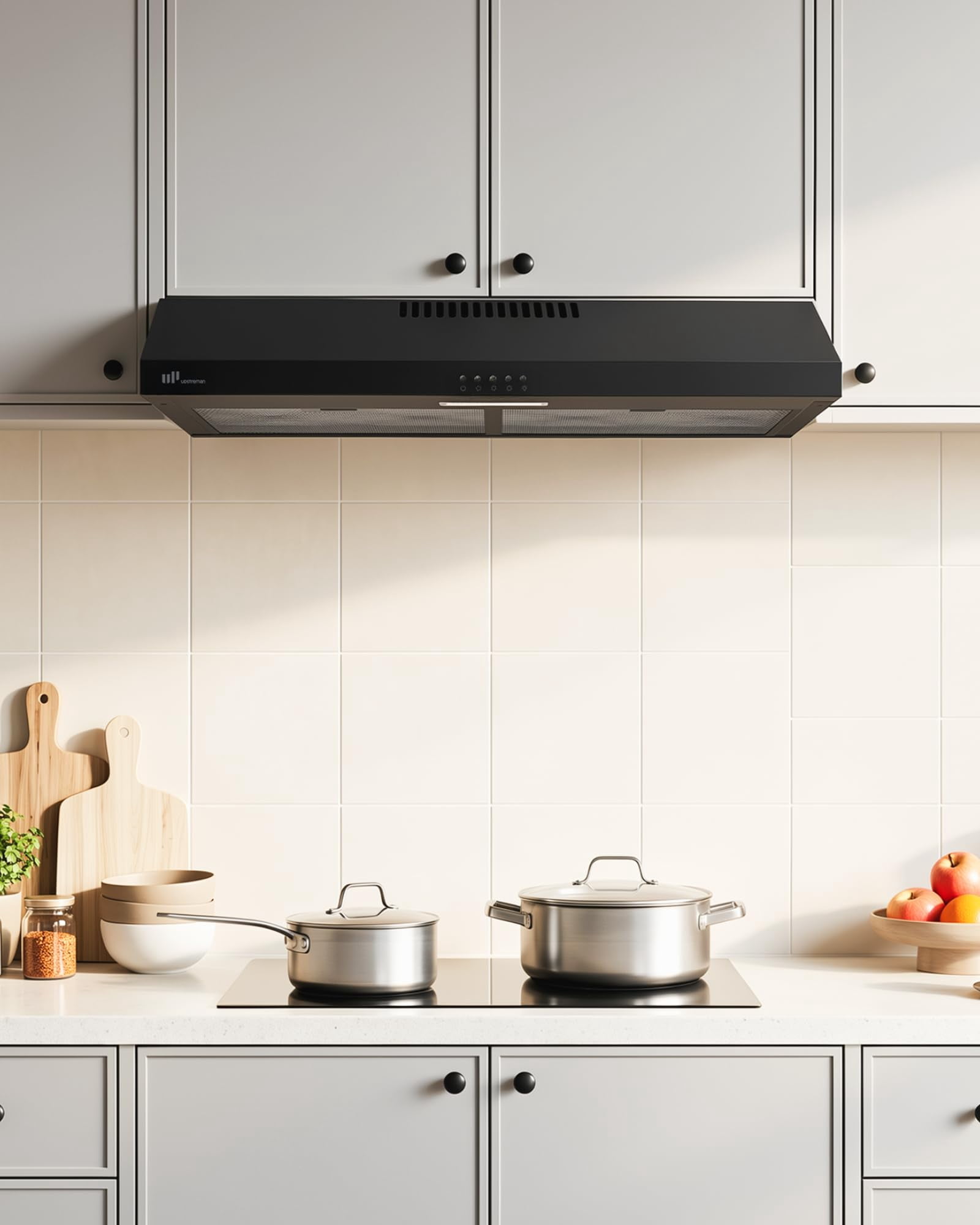 Upstreman 30 Inch Under Cabinet Range Hood with Ducted / Ductless Convertible, Slim Kitchen Oven Vent Hood Stainless Steel Stove Exhaust Fan with LED Lights, 3 Speed, Reusable Filter, HU30 Black