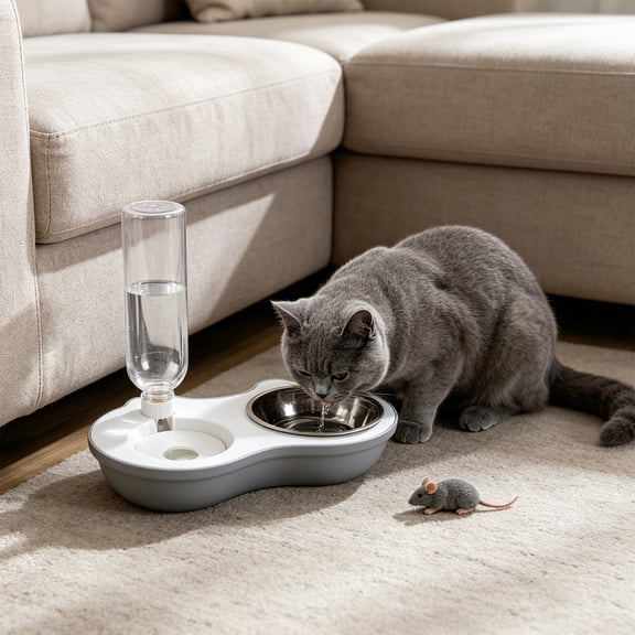 2 in 1 Cat Feeding Station, Raised Stainless Steel Bowls with Gravity Water Dispenser, Non-Slip Auto Refill Pet Feeder for Dry Wet Food