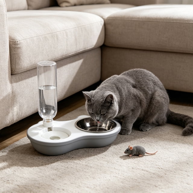 Juego de comederos dobles para gatos con cuencos elevados de acero inoxidable para comida y agua – Base antideslizante, dispensador automático de agua, diseño 2 en 1 para comida seca o húmeda.