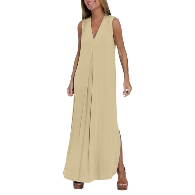 Gibobby Vestido largo de verano para mujer Vestido largo de color sólido con cuello en V de moda informal de temperamento de verano para mujer(Café,M)