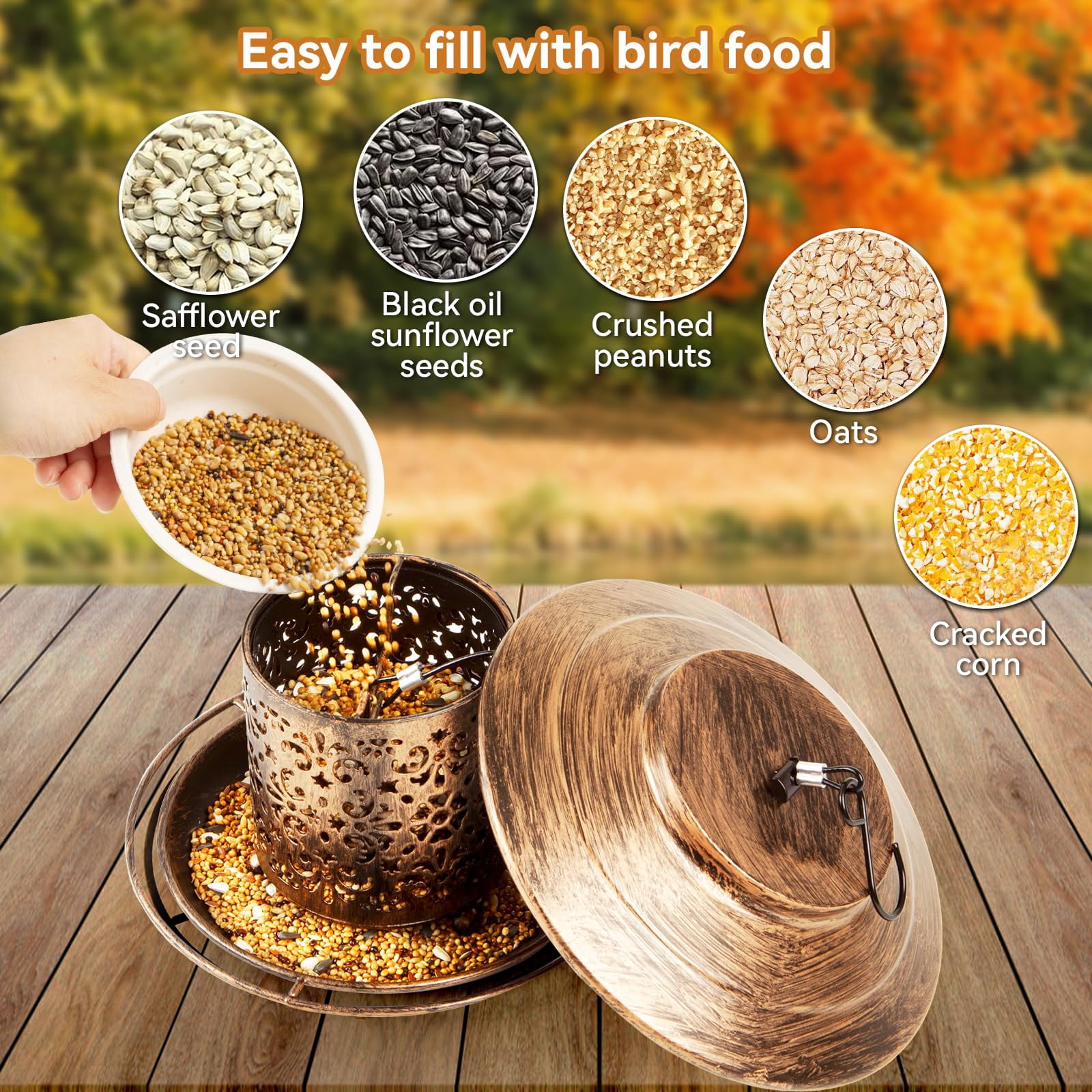 Metal Bird Feeders for Outdoors Hanging, Weather Resistant Wild Bird Feeder with 360 Degree Feeding Tray