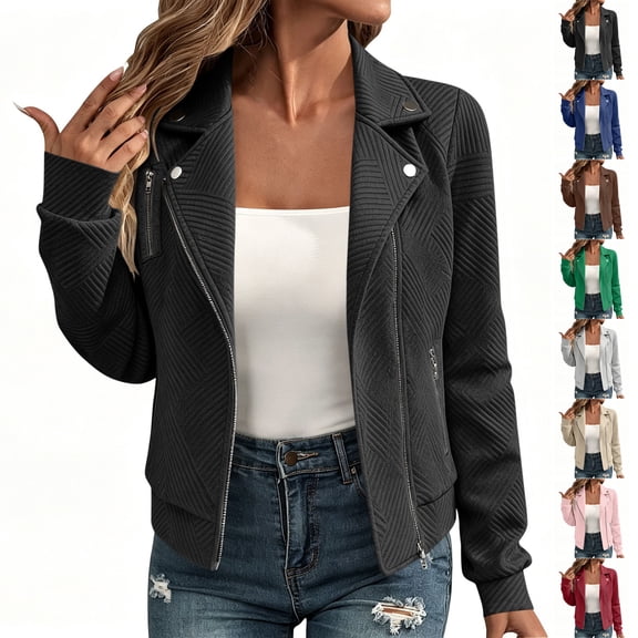 TGSLY Women's Jacquard Jacket Lightweight Zip Up Long Sleeve Cropped Biker Style Coat Dressy Casual Solid Color Moto Lapel Jacket with Pocket S