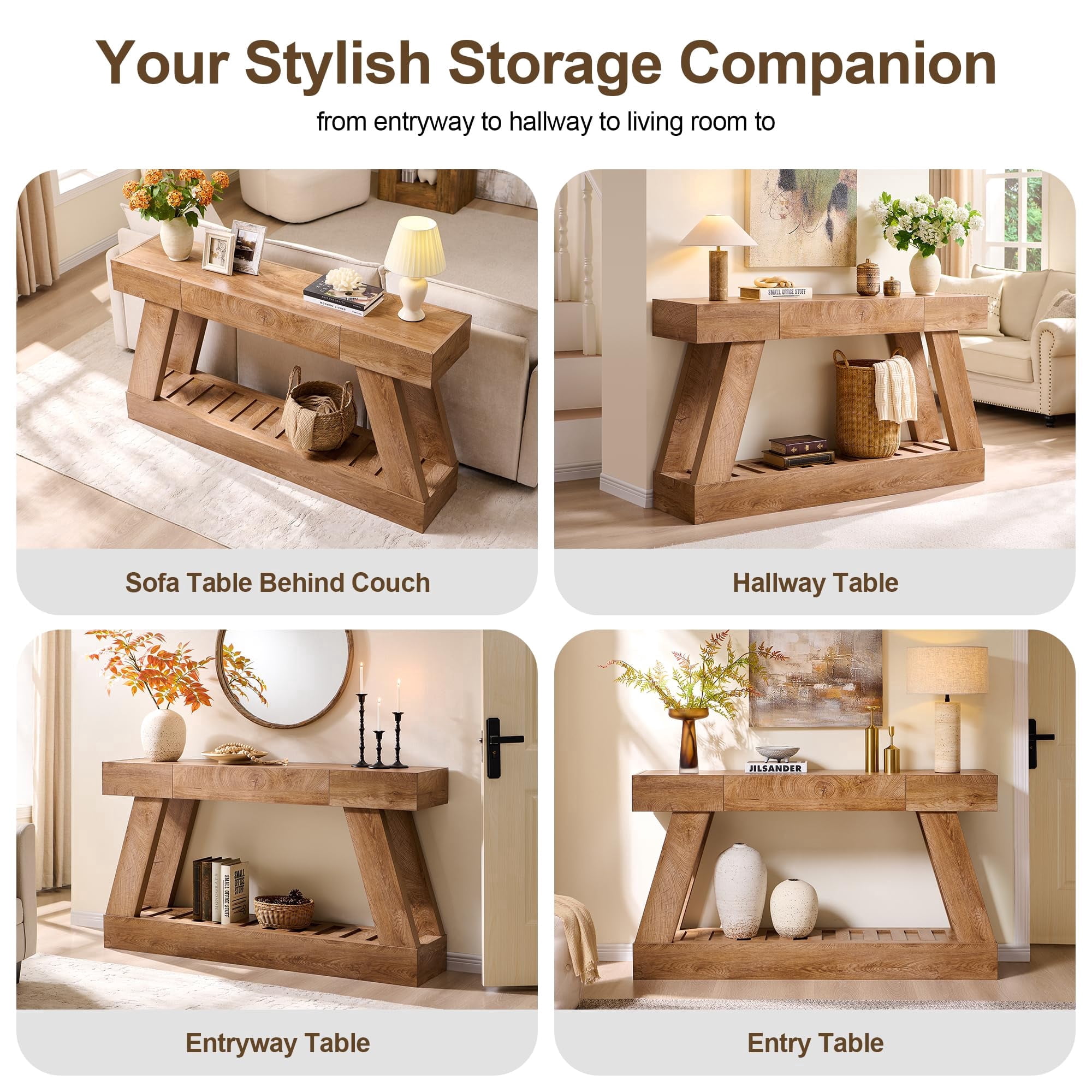 OKD 60" Wood Console Table, Farmhouse 2-Tier Sofa Table Entryway Table with Drawer & Heavy Duty Base for Entrance, Hallway, Living Room - Light Knotty Oak