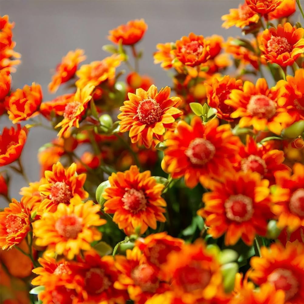 Funsdecor Mums, Artificial Sunset Mums, Artificial Outdoor Sunset Mums Flowers - UV Resistant, Waterproof, Windproof, Fall Flower Daisy With Eucalyptus, Look Real, Full, Vibrant (5 Bundle Gold)
