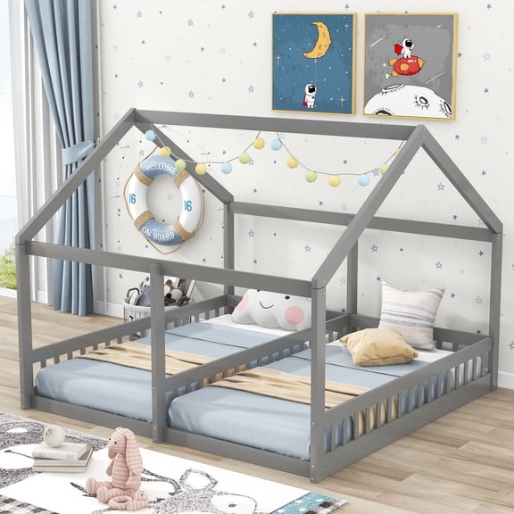 Twin Size House Double Platform Beds with Two Shared Beds, Grey