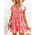thumbnail image 2 of Women's Summer Chiffon Short Sleeve V Neck Dress Floral Button Down Ruffle Swing Boho Mini Dresses, 2 of 4