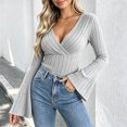 thumbnail image 5 of yillto Womens Sweater Wrap V Neck Flare Long Sleeve Knitted Ribbed Blouses Fashion Slim Sweaters, 5 of 6