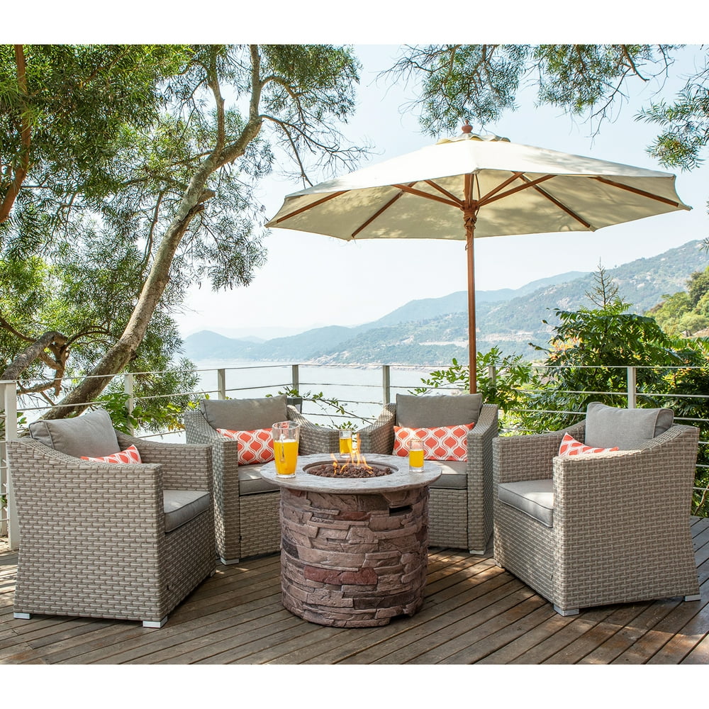 COSIEST 4-Piece Stone Imitation Fire Pit Outdoor Furniture Sectional