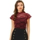 thumbnail image 1 of Blusa Semitransparente Con Cuello Alto Y Manga Corta Con Abertura En La Espalda Y Encaje Para Mujer Vino L, 1 of 5