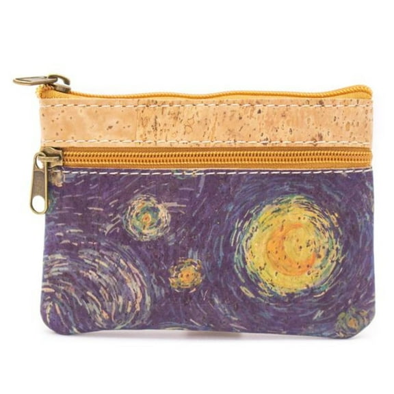 Cork mini Van Gogh wallet pouch handmade, coin purse vegan wallet Eco Friendly Sustainable gift Lightweight Durable Waterproof