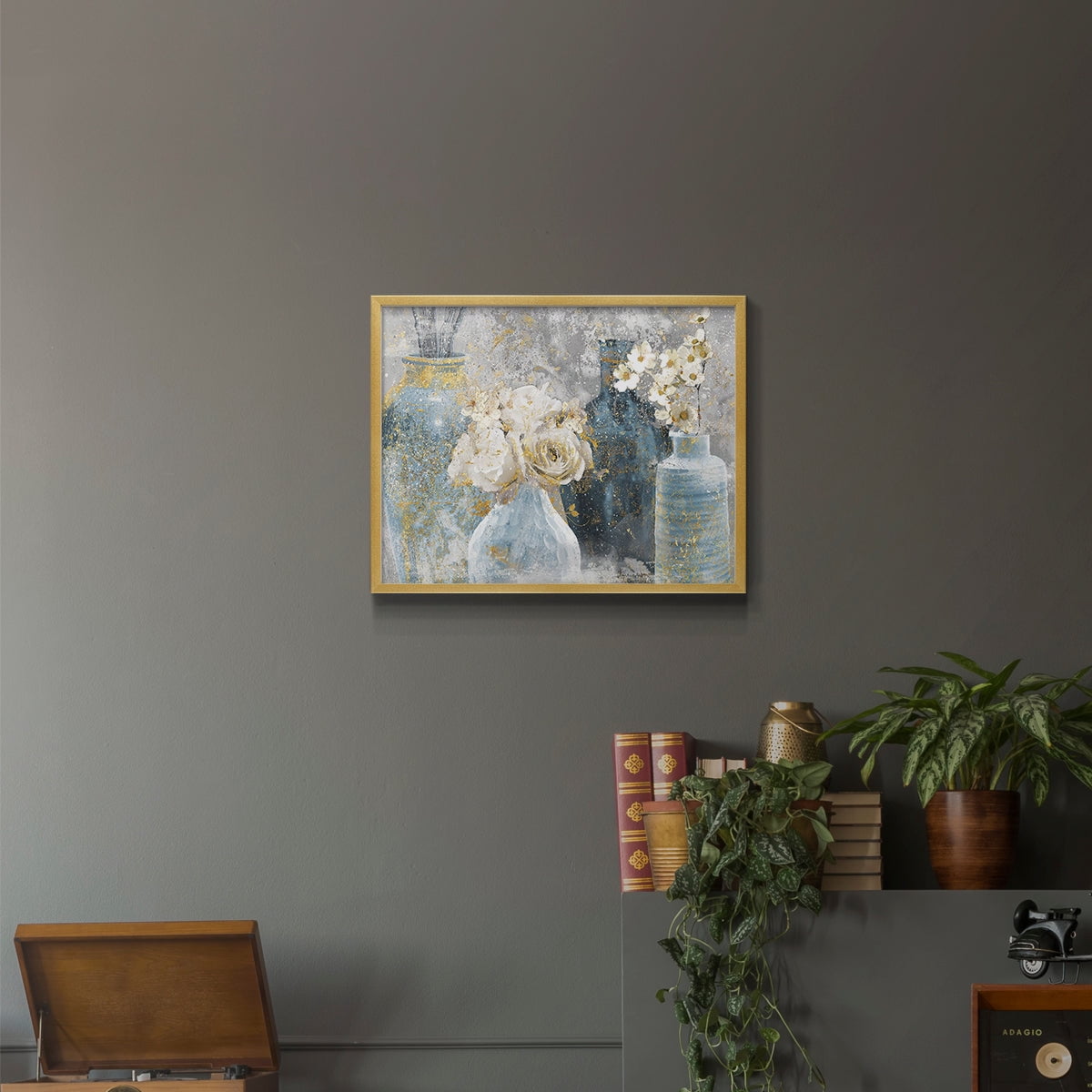Vessels and Blooms Blues by Nan - Restickable Framed Giclée Print