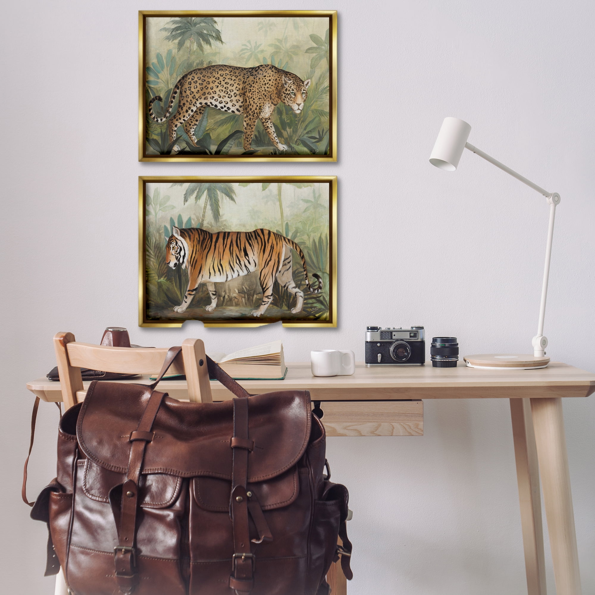Stupell Industries Jaguar & Tiger Jungle Scene Animals Painting Gold Floater Framed Canvas Art Print Wall Art, 31 x 21, Set of 2