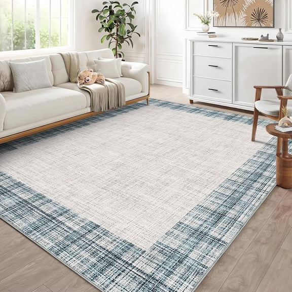 Bordered Plaid Area Rug 8x10 Washable Faux Wool Carpet Low Pile Non Slip Indoor Floor Rug for Living Room Bedroom Office Entryway,Light blue